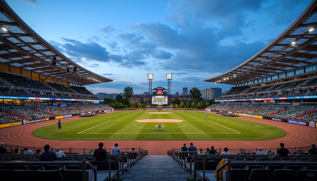 Prompt: Modern stadium architecture, sleek curved lines, grandstand seating, vibrant team colors, lush green grass, athletic tracks, scoreboards, floodlights, evening ambient lighting, shallow depth of field, 2/3 composition, panoramic view, realistic textures, ambient occlusion, open-air atmosphere, gentle breeze, clear blue sky, urban cityscape backdrop, bustling streets, trendy restaurants, sports bars, souvenir shops.