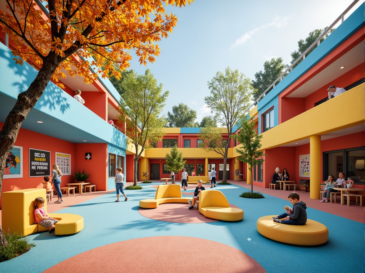 Prompt: Vibrant kindergarten playground, whimsical building shapes, curvy lines, bright primary colors, interactive play structures, soft padded floors, educational signage, sensory stimulation zones, imaginative play areas, cozy reading nooks, natural light filtering, transparent roofs, airy open spaces, playful typography, colorful murals, textured wall surfaces, fun patterned rugs, oversized furniture, stimulating activity centers, collaborative learning environments, creative art displays, flexible modular layouts, dynamic spatial experiences, joyful ambiance, warm inviting lighting, shallow depth of field, 1/1 composition, realistic textures.