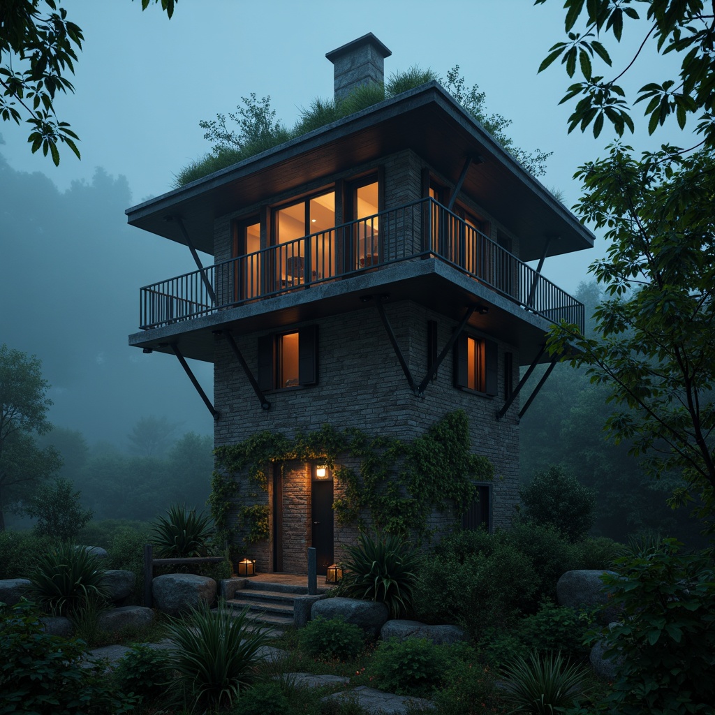 Prompt: Twilight misty atmosphere, ancient watchtower, rugged stone walls, moss-covered roofs, overhanging eaves, wooden shutters, ivy-clad facades, lantern-style windows, ornate iron railings, weathered brick textures, mysterious ambient lighting, 1/2 composition, close-up shot, warm color palette, soft focus effect, rustic natural materials, earthy tones, mystical ancient artifacts.