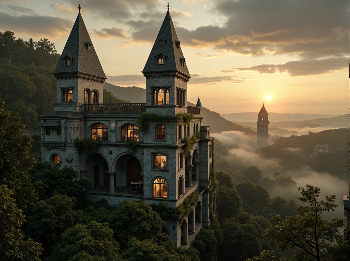 Prompt: Mystical towers, medieval architecture, grandiose scale, ornate stone carvings, gothic arches, stained glass windows, ivy-covered walls, rolling hills, misty atmosphere, soft golden lighting, dramatic clouds, cinematic composition, shallow depth of field, 1/1 aspect ratio, warm color palette, nostalgic ambiance, lush greenery, winding staircases, ancient ruins, weathered stones, mystical auras.