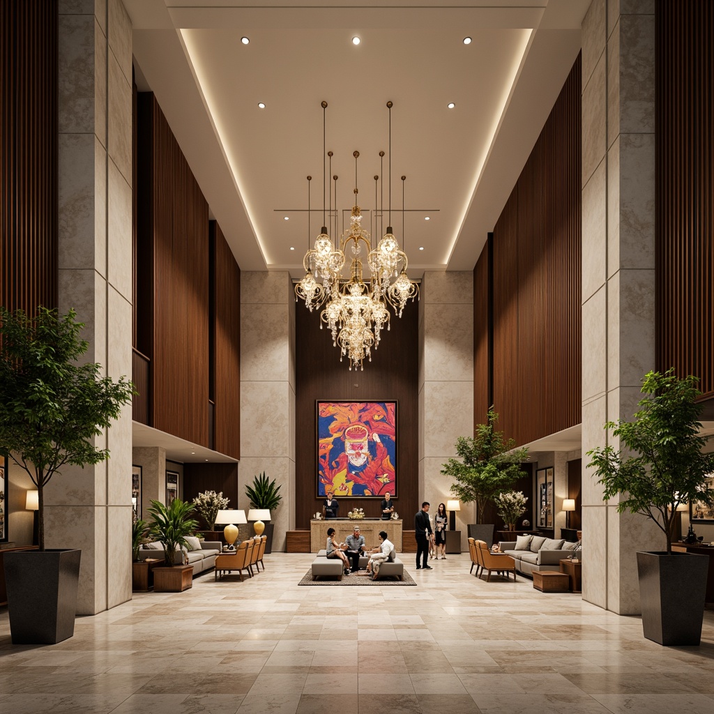 Prompt: Luxurious hotel lobby, grand monolithic architecture, sleek modern lines, polished marble floors, vast open spaces, dramatic high ceilings, lavish chandeliers, opulent furnishings, rich wood accents, vibrant colorful artwork, sophisticated ambient lighting, shallow depth of field, 3/4 composition, panoramic view, realistic textures, ambient occlusion.