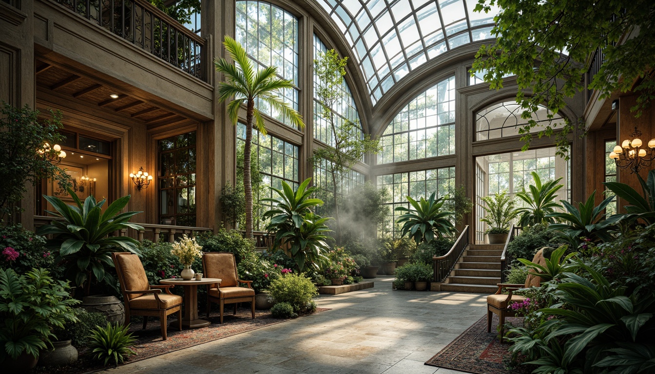 Prompt: Lush tropical greenhouse, ornate ironwork, intricate stone carvings, grandiose entranceways, sweeping curved lines, lavish chandeliers, vibrant floral arrangements, exotic plant species, misty atmosphere, soft warm lighting, shallow depth of field, 3/4 composition, panoramic view, realistic textures, ambient occlusion, Baroque-inspired architectural elements, ornate frescoes, gilded accents, marble floors, intricate mosaics, grand staircases, opulent furnishings, luxurious textiles, rich wood tones.