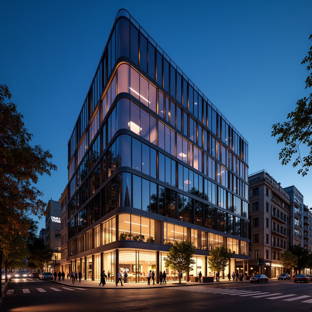 Prompt: Contemporary hotel facade, sleek glass curtain walls, minimalist metal frames, neutral color palette, horizontal emphasis, clean lines, modernist aesthetic, urban cityscape, bustling streets, vibrant nightlife, LED signage, warm hospitality lighting, shallow depth of field, 1/1 composition, panoramic view, realistic textures, ambient occlusion.