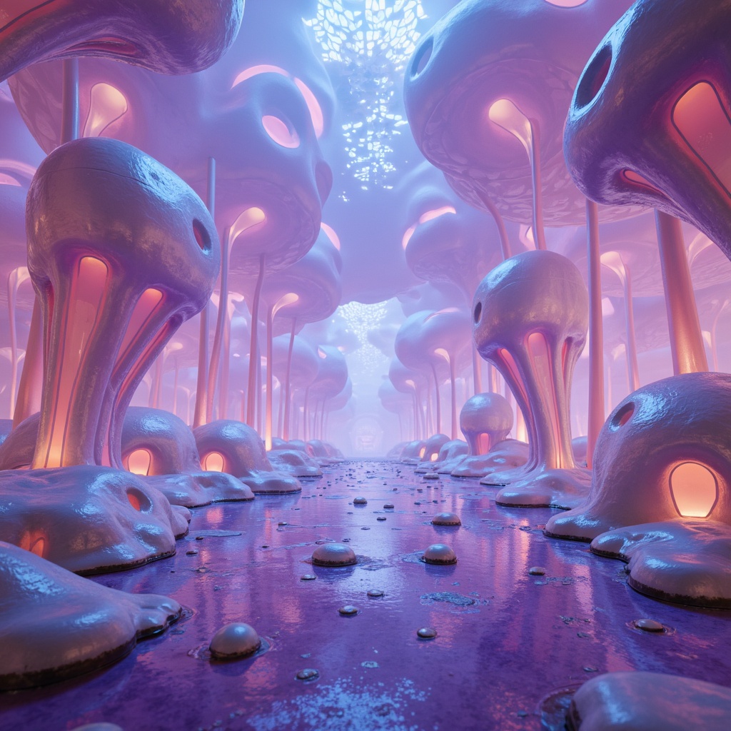 Prompt: Organic blob-like structures, iridescent translucent materials, glowing neon lights, futuristic ambiance, surreal atmosphere, abstract shapes, amoeba-inspired forms, jelly-like textures, soft pulsing lighting, misty fog effects, dreamy ethereal quality, 1/1 composition, shallow depth of field, high-key lighting, vibrant pastel colors, metallic accents, holographic displays, LED installations, neon-lit tunnels, futuristic cityscapes, otherworldly landscapes.