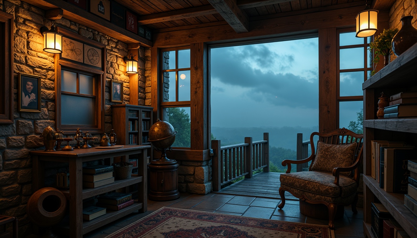 Prompt: Twilight watching tower, mystical fog, eerie mist, rugged stone walls, lantern-like windows, winding staircases, wooden beam ceilings, cozy reading nooks, vintage astronomical instruments, leather-bound books, dim warm lighting, atmospheric depth of field, 1/2 composition, cinematic view, realistic weathering effects, ambient Occlusion.