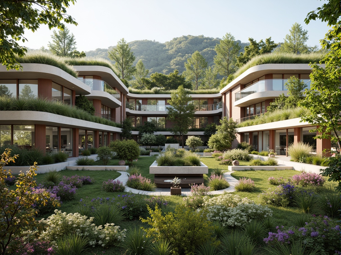 Prompt: Eco-friendly building, green roofs, living walls, rainwater harvesting systems, solar panels, wind turbines, recycled materials, natural ventilation, large windows, minimalist design, open floor plans, organic shapes, earthy color palette, lush greenery, blooming flowers, serene atmosphere, soft natural lighting, shallow depth of field, 3/4 composition, panoramic view, realistic textures, ambient occlusion.