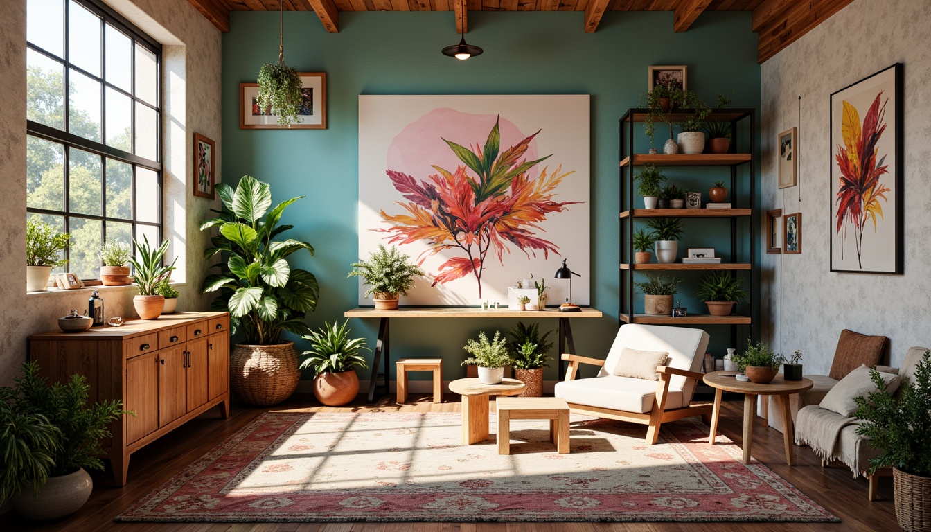 Prompt: Vibrant art studio, eclectic bohemian decor, warm earthy tones, rich turquoise accents, soft blush pink hues, creamy white textures, natural wood furnishings, industrial metal elements, abstract expressionist artwork, modern minimalist shelving, lush greenery, abundant natural light, soft warm glow, 1/1 composition, realistic textures, ambient occlusion.