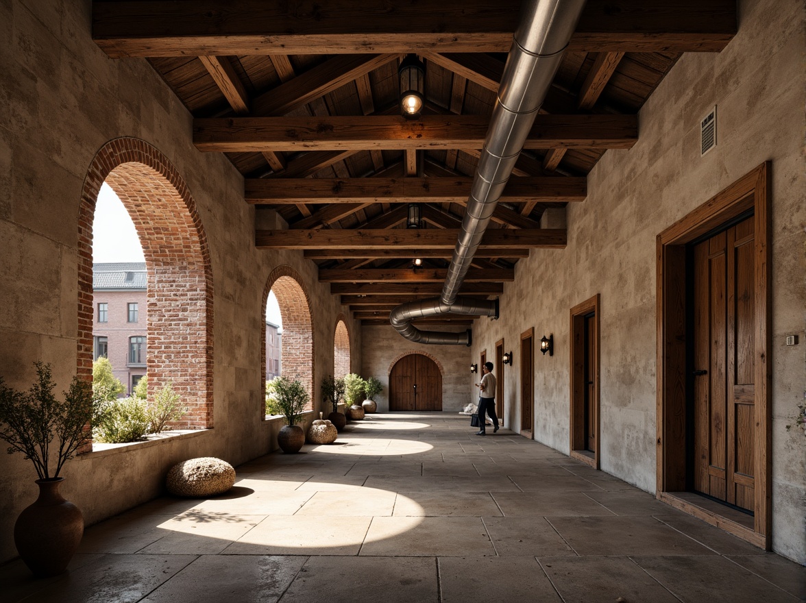 Prompt: Rustic loft interior, Romanesque arches, rough-hewn stone walls, wooden beams, exposed ductwork, industrial metal pipes, distressed brick facades, ornate stonework, grand entranceways, heavy wooden doors, wrought iron fixtures, earthy color palette, soft warm lighting, dramatic shadows, 1/1 composition, atmospheric perspective, realistic textures, ambient occlusion.