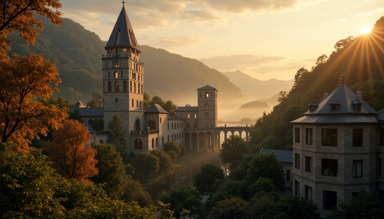 Prompt: Majestic medieval towers, ornate stone carvings, grandiose architecture, mystical atmosphere, misty dawn, warm golden lighting, soft focus, cinematic composition, 1/2 portrait orientation, vivid colors, rich textures, intricate stonework, ivy-clad walls, rolling hills, serene landscape, distant fog, dreamy ambiance, nostalgic mood.