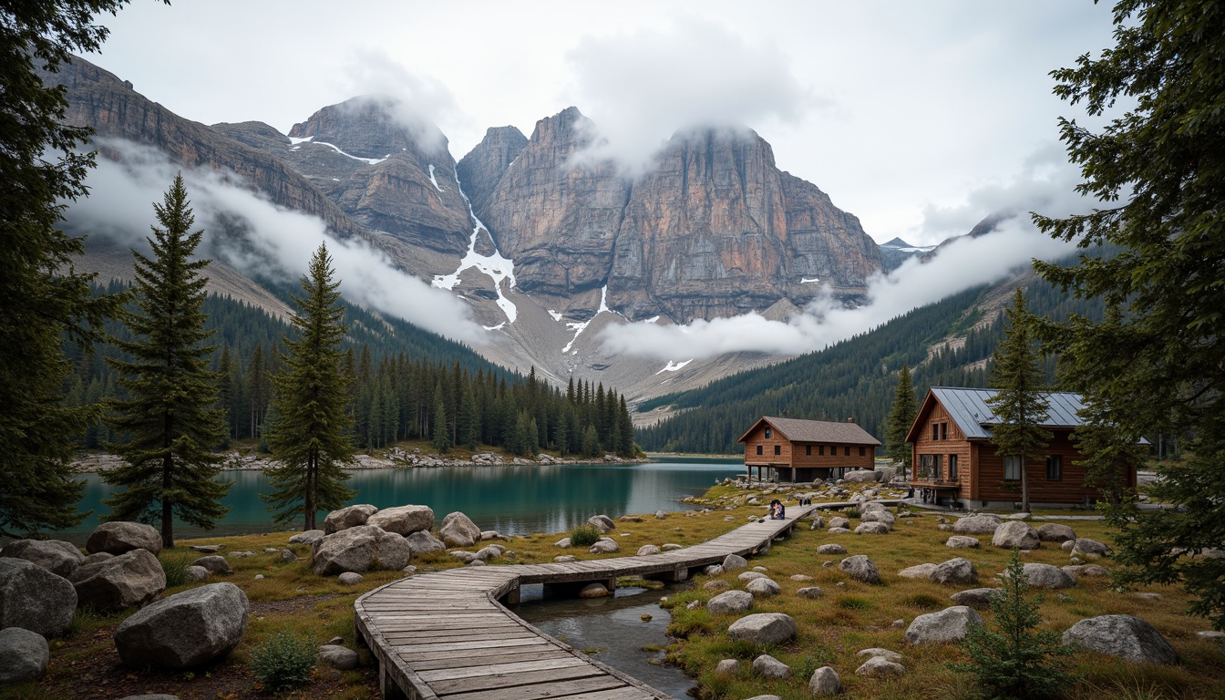 Prompt: Majestic mountain range, rugged rocky formations, misty valleys, serene alpine lakes, evergreen coniferous forests, rustic wooden cabins, natural stone pathways, weathered wooden bridges, earthy tone color palette, mossy greenery, rusty red rocks, creamy white snowcaps, soft warm lighting, atmospheric fog effects, shallow depth of field, 1/2 composition, symmetrical framing, realistic textures, ambient occlusion.