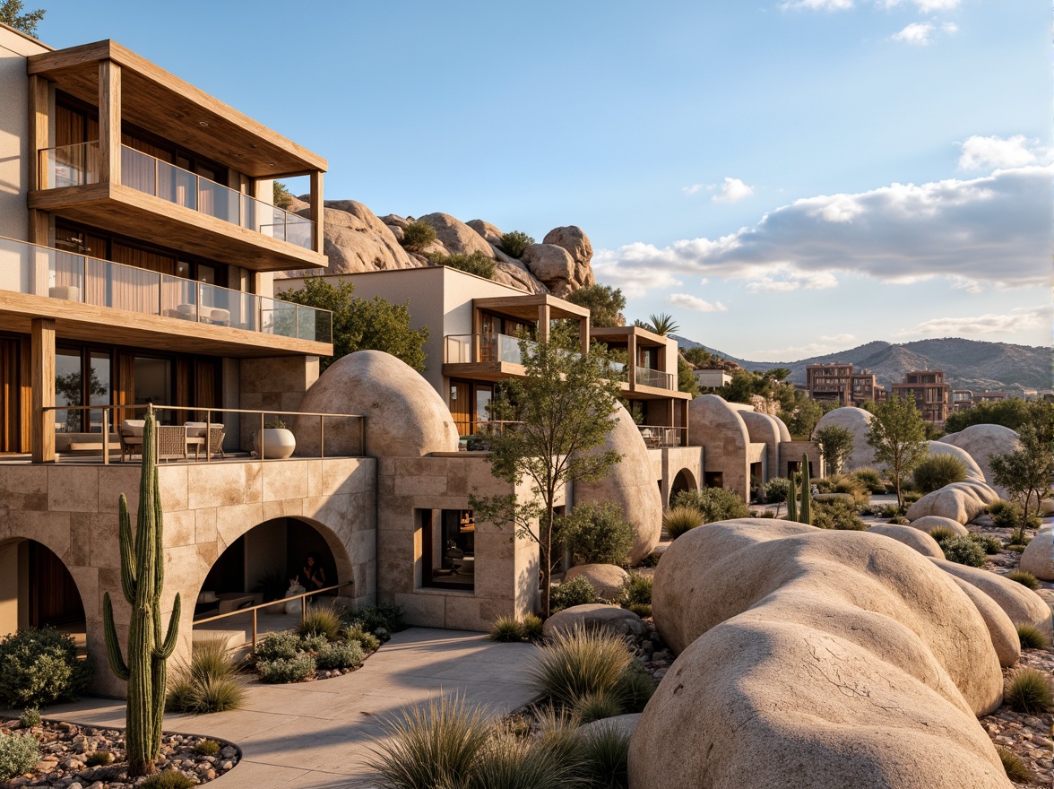 Prompt: Rustic canyon buildings, natural stone facades, earthy tones, wooden accents, rugged textures, curved lines, organic shapes, cantilevered overhangs, glass balconies, panoramic views, vast desert landscapes, rocky outcrops, sandy dunes, cactus plants, blue skies, warm sunlight, soft shadows, 3/4 composition, realistic rock formations, ambient occlusion.