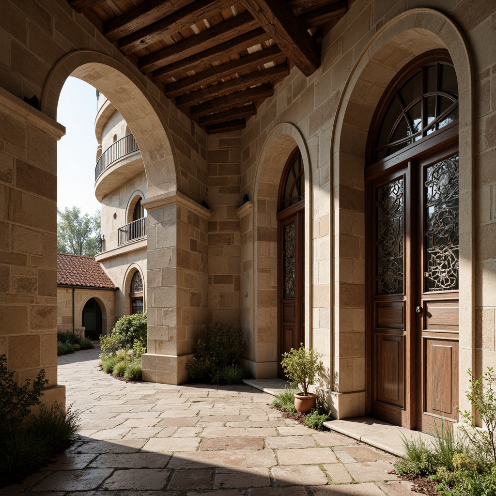 Prompt: Rustic loft building, Romanesque arches, distressed stone walls, worn brick textures, ornate ironwork, grandiose entrance gates, wooden shutters, clay roof tiles, earthy color palette, natural light pouring in, warm cozy atmosphere, soft focus, shallow depth of field, 1/1 composition, intimate close-up shots, realistic weathering effects, ambient occlusion.