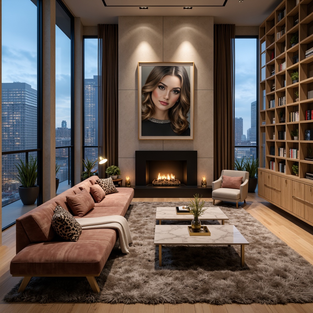 Prompt: Elegant living room, luxurious velvet sofas, marble coffee tables, ornate gold lighting fixtures, plush area rugs, floor-to-ceiling windows, cityscape views, modern minimalist decor, sleek metal accents, neutral color palette, statement artwork, cozy reading nooks, built-in shelving units, wooden flooring, ambient soft lighting, shallow depth of field, 1/1 composition, panoramic view, realistic textures, subtle reflections.