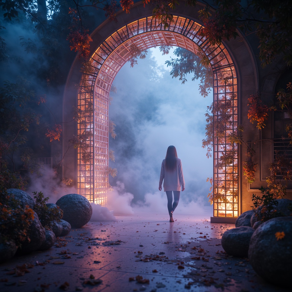 Prompt: Ethereal portal, luminous archway, delicate filigree, crystalline structures, iridescent colors, shimmering lights, soft misty ambiance, dreamy atmosphere, gentle glow, warm illumination, 1/1 composition, shallow depth of field, soft focus, subtle textures, ambient occlusion.