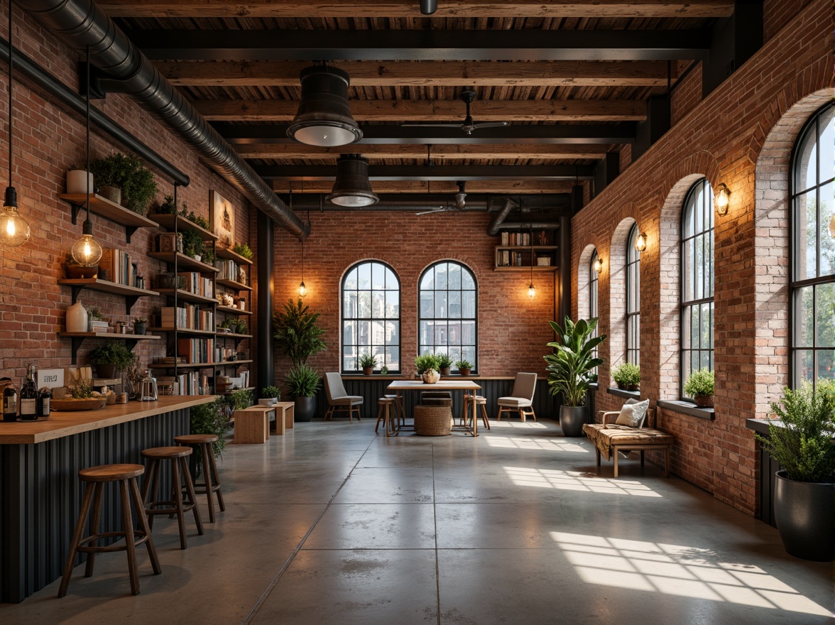 Prompt: Industrial chic interior, exposed brick walls, metal beams, polished concrete floors, reclaimed wood accents, Edison bulb lighting, urban loft atmosphere, natural ventilation systems, minimalist decor, functional simplicity, distressed textures, warm neutral color palette, softbox lighting, shallow depth of field, 2/3 composition, cinematic view.