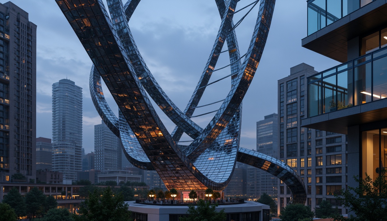 Prompt: Twisted metal spires, futuristic watchtower, sleek minimalist design, angular lines, reflective glass surfaces, cantilevered observation decks, atmospheric misting systems, vibrant neon lights, urban cityscape background, dusk or dawn lighting, shallow depth of field, 1/2 composition, cinematic atmosphere, realistic metallic textures, ambient occlusion.