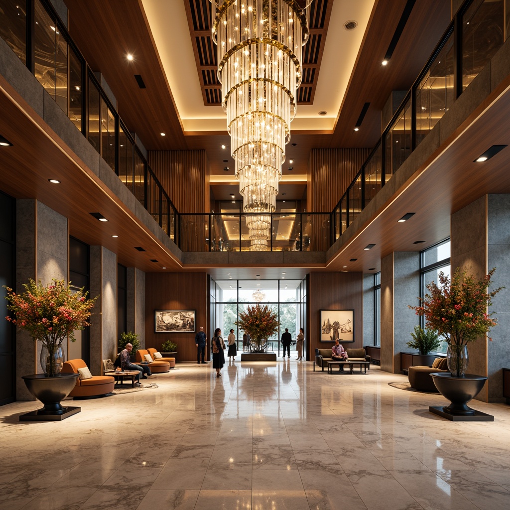 Prompt: Luxurious hotel lobby, grand chandelier, polished marble floors, rich wood accents, elegant furnishings, sophisticated color palette, bold artwork, vibrant floral arrangements, sleek metal lines, minimalist decor, natural stone walls, dramatic ceiling heights, warm atmospheric lighting, soft focus, shallow depth of field, 2/3 composition, realistic textures, ambient occlusion.