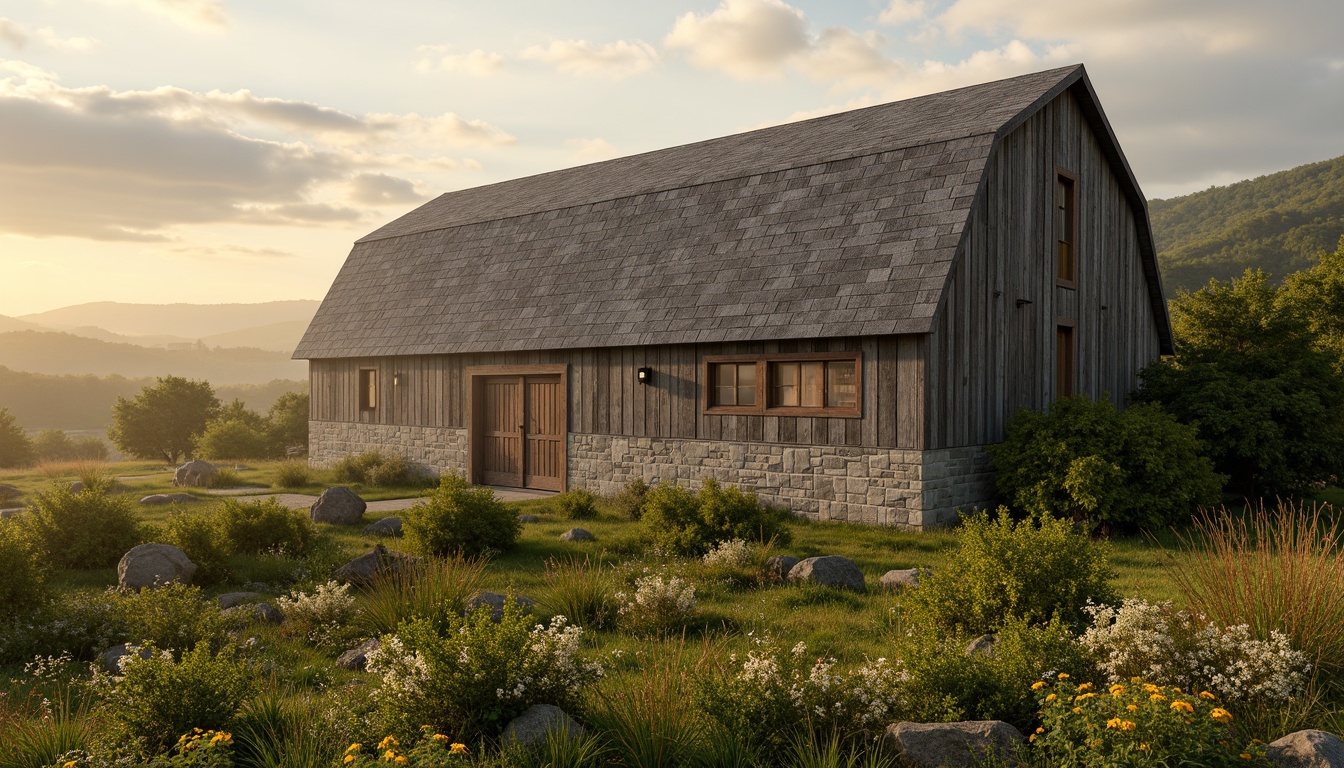 Prompt: Rustic barn, neoclassical architecture, symmetrical facade, stone walls, wooden doors, vintage hardware, lush greenery, rolling hills, countryside landscape, serene natural surroundings, misty morning, warm golden lighting, soft focus, shallow depth of field, 2/3 composition, panoramic view, realistic textures, ambient occlusion, meandering pathways, blooming wildflowers, weathered wood accents, distressed finishes, earthy color palette.