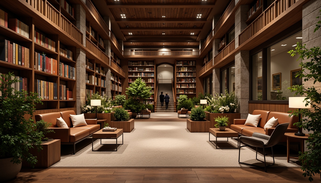 Prompt: Rich wooden shelves, leather-bound books, soft carpeted floors, warm lamp lighting, comfortable reading nooks, vibrant green plants, minimalist metal chairs, sleek glass tables, natural stone walls, earthy color palette, cozy atmosphere, shallow depth of field, 1/1 composition, realistic textures, ambient occlusion.