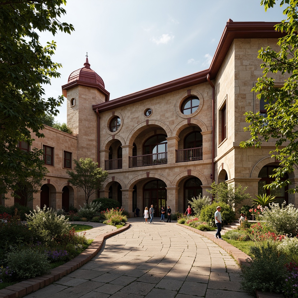 Prompt: Rustic school building, Romanesque arches, thick stone walls, ornate carvings, grand entrance doors, rounded towers, red terracotta roofs, lush greenery, vibrant flowers, educational signs, natural stone walkways, worn stone staircases, warm earthy tones, soft warm lighting, shallow depth of field, 3/4 composition, panoramic view, realistic textures, ambient occlusion.