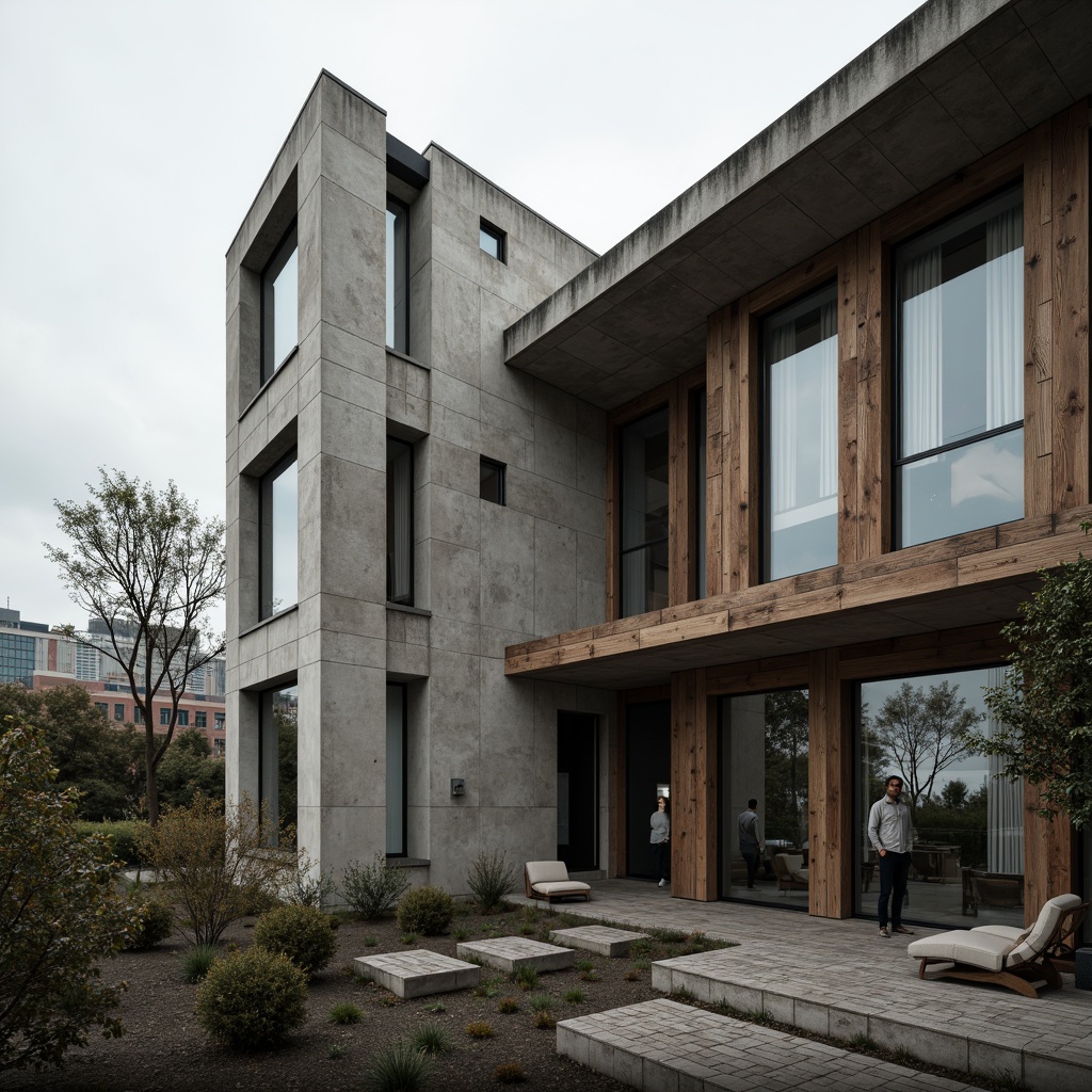 Prompt: Rugged brutalist architecture, raw concrete textures, industrial metal accents, muted earthy tones, weathered stone walls, distressed wood elements, bold geometric shapes, minimalist aesthetic, urban cityscape backdrop, overcast sky, dramatic shadows, high-contrast lighting, cinematic composition, gritty realistic render, ambient occlusion, subtle color grading.