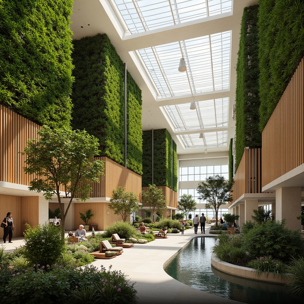 Prompt: Natural light-filled airport terminal, lush green walls, living trees, botanical gardens, water features, wooden accents, organic shapes, curved lines, airy spaces, minimal partitions, open ceilings, transparent roofs, warm beige tones, earthy textures, soft natural lighting, 1/1 composition, shallow depth of field, realistic vegetation, ambient occlusion.