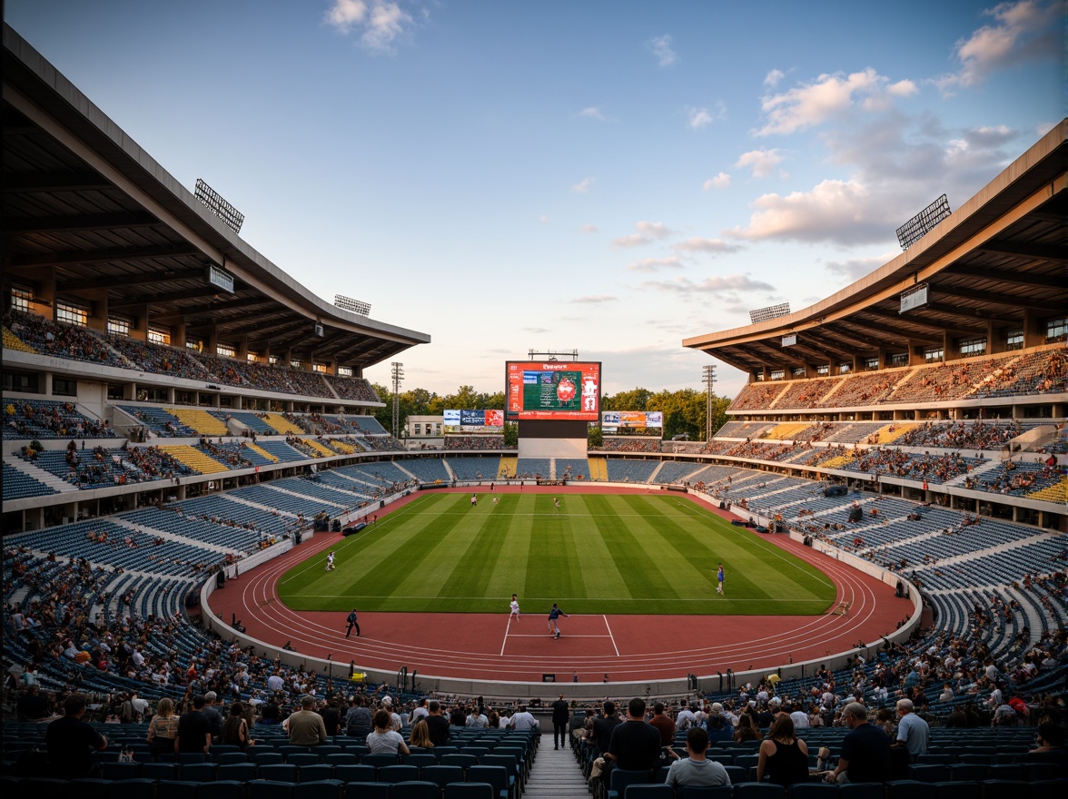 Prompt: Modern stadium architecture, sleek curved lines, grandstand seating, lush green grass, vibrant team colors, athletic tracks, scoreboards, floodlights, evening ambiance, warm golden lighting, shallow depth of field, 3/4 composition, panoramic view, realistic textures, ambient occlusion, comfortable spectator seats, accessible concession stands, clear signage, intuitive wayfinding, spacious concourses, social gathering areas, dynamic sound systems, immersive atmosphere.