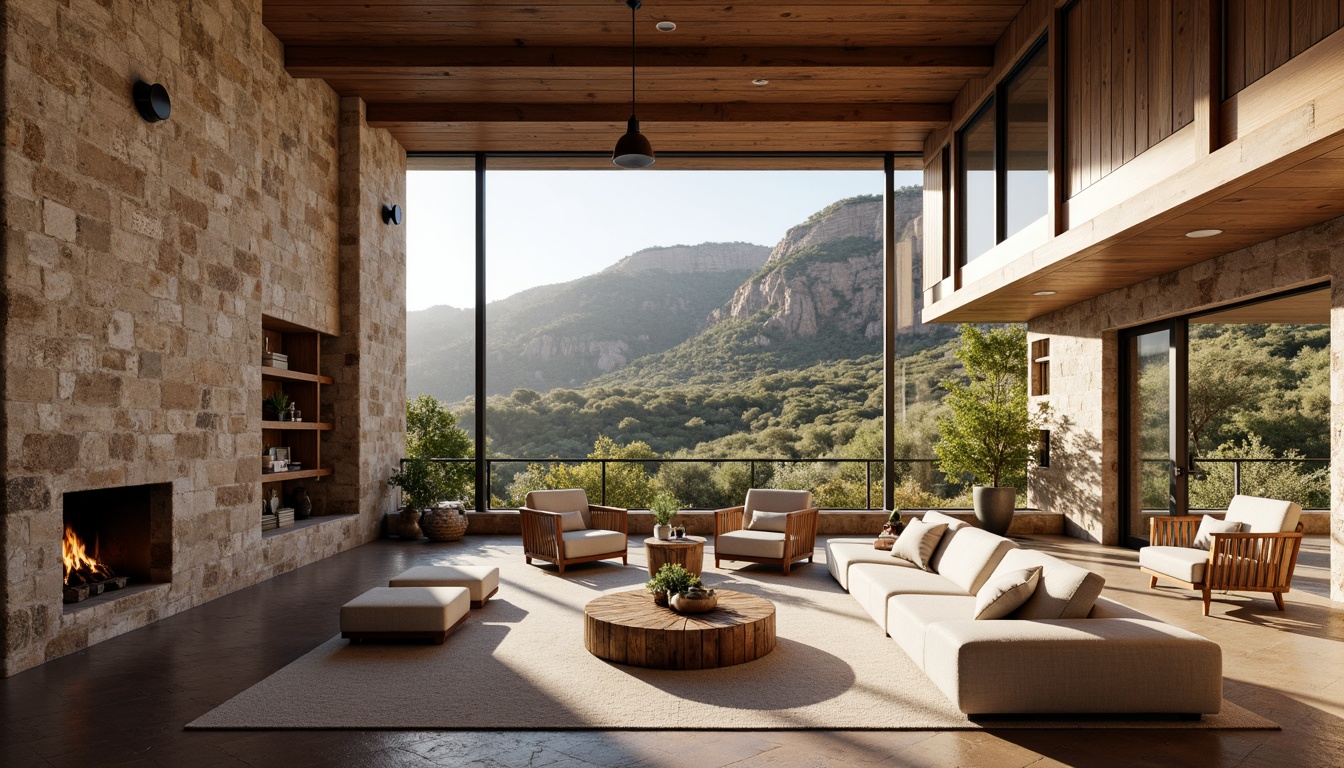 Prompt: Earth-toned canyon buildings, rugged stone walls, wooden accents, natural textures, open-concept living spaces, floor-to-ceiling windows, panoramic views of canyons, comfortable seating areas, warm fireplaces, minimalist decor, industrial-chic lighting fixtures, reclaimed wood furniture, cozy reading nooks, built-in shelving units, neutral color palette, organic shapes, free-flowing floor plans, natural ventilation systems, abundant natural light, 1/2 composition, soft focus, atmospheric perspective.