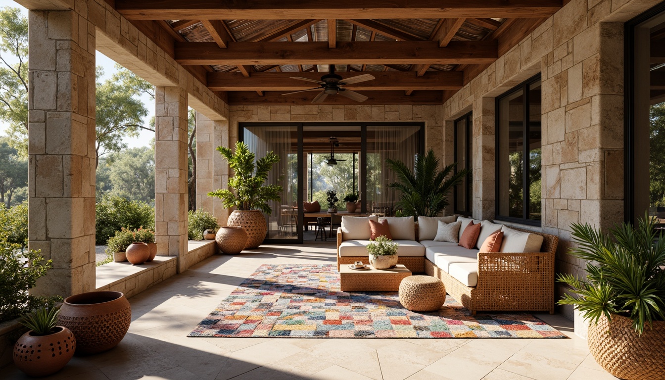 Prompt: Rustic stone walls, rough-hewn wooden beams, polished metal accents, smooth concrete floors, transparent glass facades, vibrant colorful ceramics, intricate mosaic patterns, natural fiber textiles, woven rattan furniture, earthy terracotta pots, organic-shaped planters, warm ambient lighting, shallow depth of field, 1/1 composition, realistic textures, ambient occlusion.