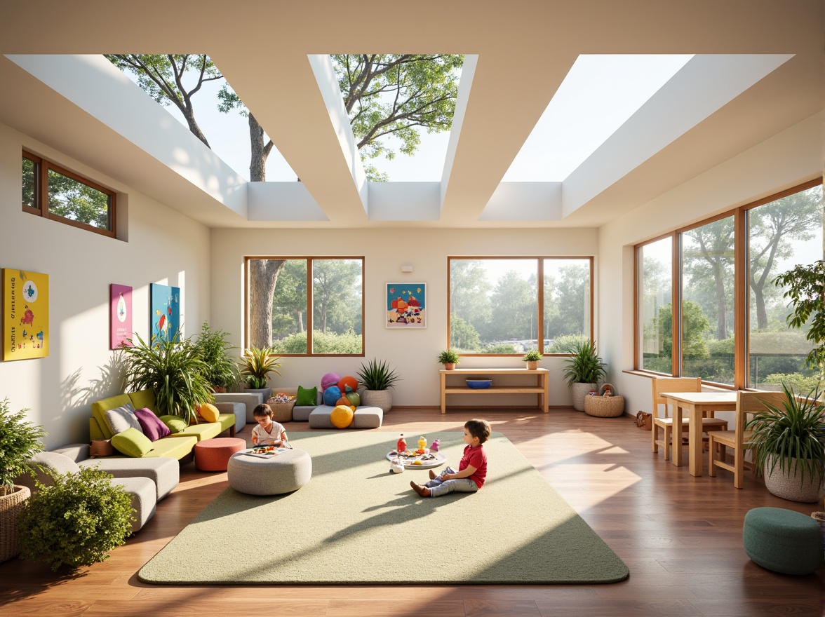 Prompt: Bright kindergarten interior, large windows, skylights, natural light pouring in, colorful walls, educational decorations, playful furniture, soft cushions, wooden floors, carpeted areas, cozy reading nooks, interactive play zones, sensory stimulation, vibrant artwork, gentle color palette, indirect sunlight, warm atmosphere, shallow depth of field, 1/2 composition, panoramic view, realistic textures, ambient occlusion.