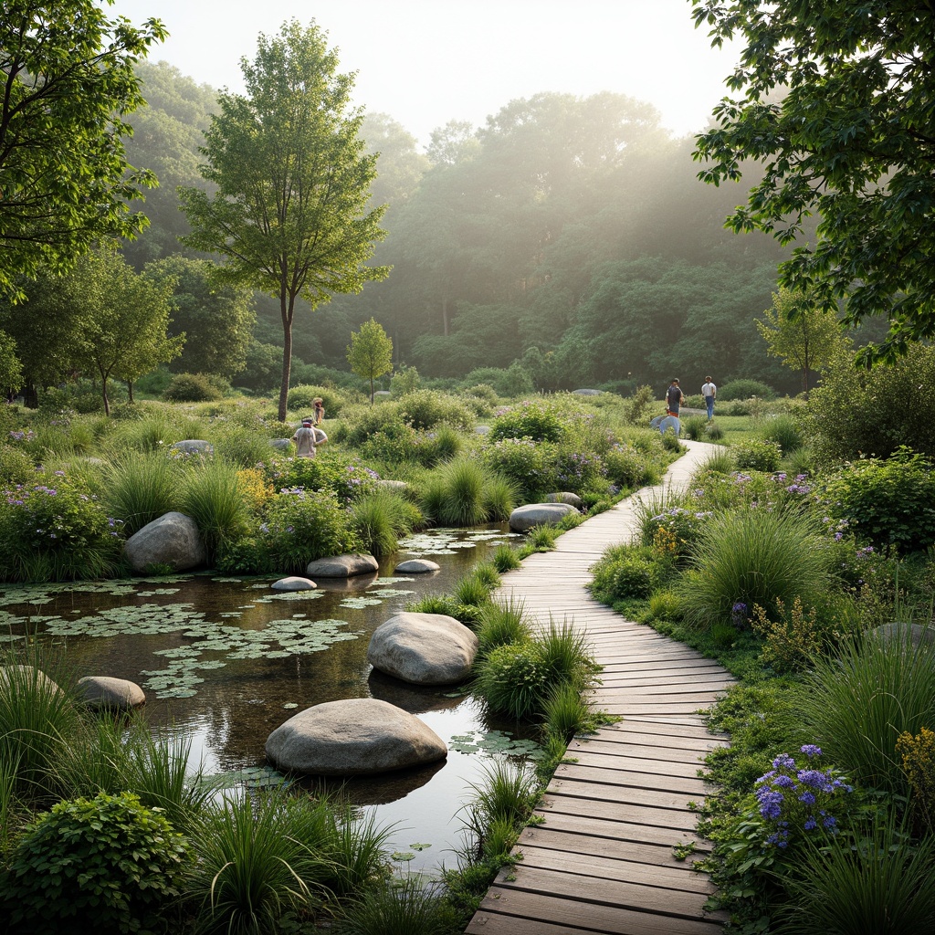 Prompt: Eco-friendly wetland integration, serene natural habitats, lush green vegetation, tranquil water features, winding wooden boardwalks, educational signage, native wildlife conservation, sustainable drainage systems, organic soil treatment, bio-diverse ecosystems, vibrant wildflowers, soft misty lighting, shallow depth of field, 3/4 composition, panoramic view, realistic textures, ambient occlusion.