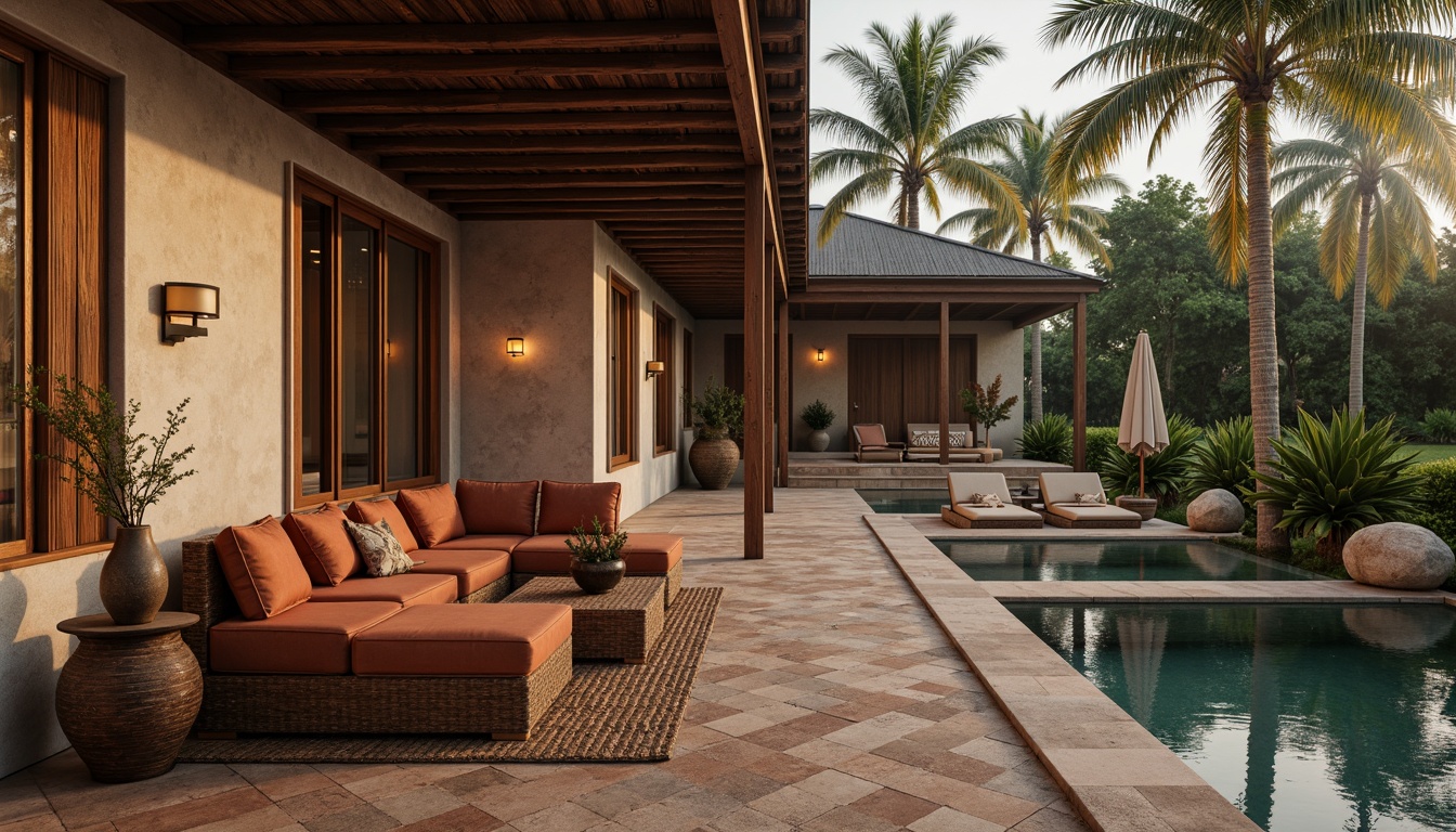 Prompt: Rustic hotel facade, natural stone walls, earthy tone terracotta tiles, wooden beam ceilings, distressed wood accents, woven rattan furniture, plush velvet upholstery, warm ambient lighting, lantern-inspired fixtures, regional patterned textiles, organic shaped pools, lush tropical landscaping, misty morning atmosphere, soft focus photography, 1/2 composition, intimate scale, earthy color palette.