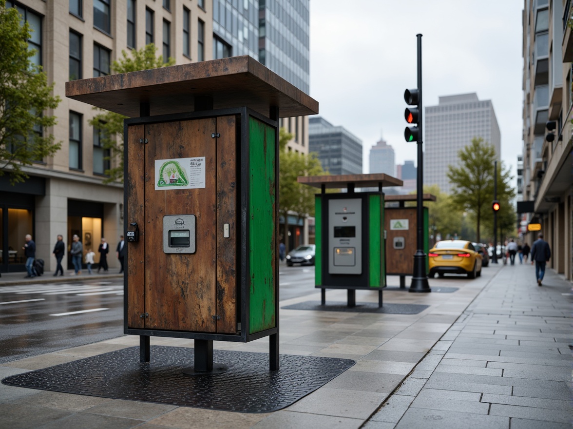 Prompt: Rustic metal charging stations, weathered steel exteriors, durable concrete foundations, heavy-duty rubber mats, vibrant green accents, urban cityscape, busy street corners, modern streetlights, cloudy day, soft diffused lighting, shallow depth of field, 1/1 composition, realistic metallic textures, ambient occlusion.