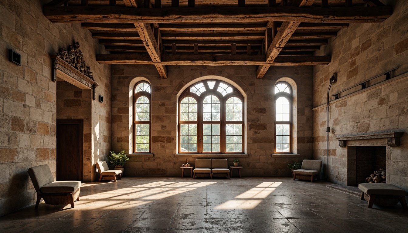 Prompt: Rustic loft interior, Romanesque style facade, worn stone walls, arched windows, ornate carvings, distressed wooden beams, exposed brickwork, vintage industrial lighting, earthy color palette, soft warm ambiance, dramatic shadows, shallow depth of field, 1/2 composition, atmospheric perspective, realistic textures, ambient occlusion.