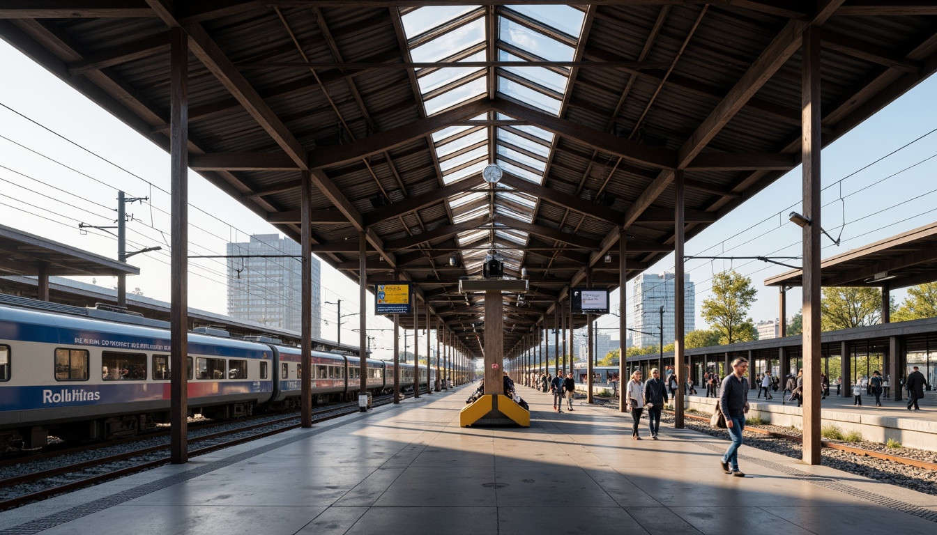 Prompt: Industrial train station, modernist architecture, clean lines, minimal ornamentation, functional design, primary color scheme, bold typography, steel beams, concrete platforms, geometric shapes, urban landscape, morning commute, soft natural light, high contrast, 1/1 composition, symmetrical framing, realistic materials, subtle ambient occlusion.