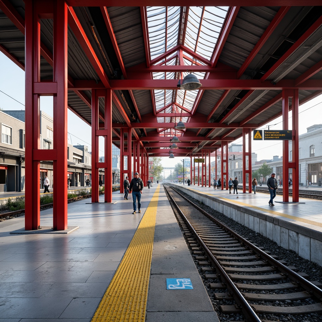 Prompt: Industrial train stations, Bauhaus architectural style, functional design, bold primary colors, red accents, yellow warning signs, blue navigation symbols, neutral gray concrete, steel beams, geometric shapes, minimalist decorations, modern urban landscape, busy city streets, morning commute, soft natural light, shallow depth of field, 1/1 composition, realistic textures, ambient occlusion.