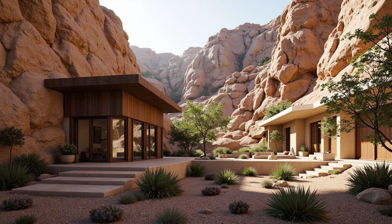 Prompt: Rugged canyon landscape, earthy tones, natural stone facades, angular lines, modern rustic architecture, cantilevered roofs, expansive glass windows, sliding doors, wooden accents, native cacti, desert flora, warm golden lighting, dramatic shadows, 1/2 composition, atmospheric perspective, realistic rock textures, ambient occlusion.