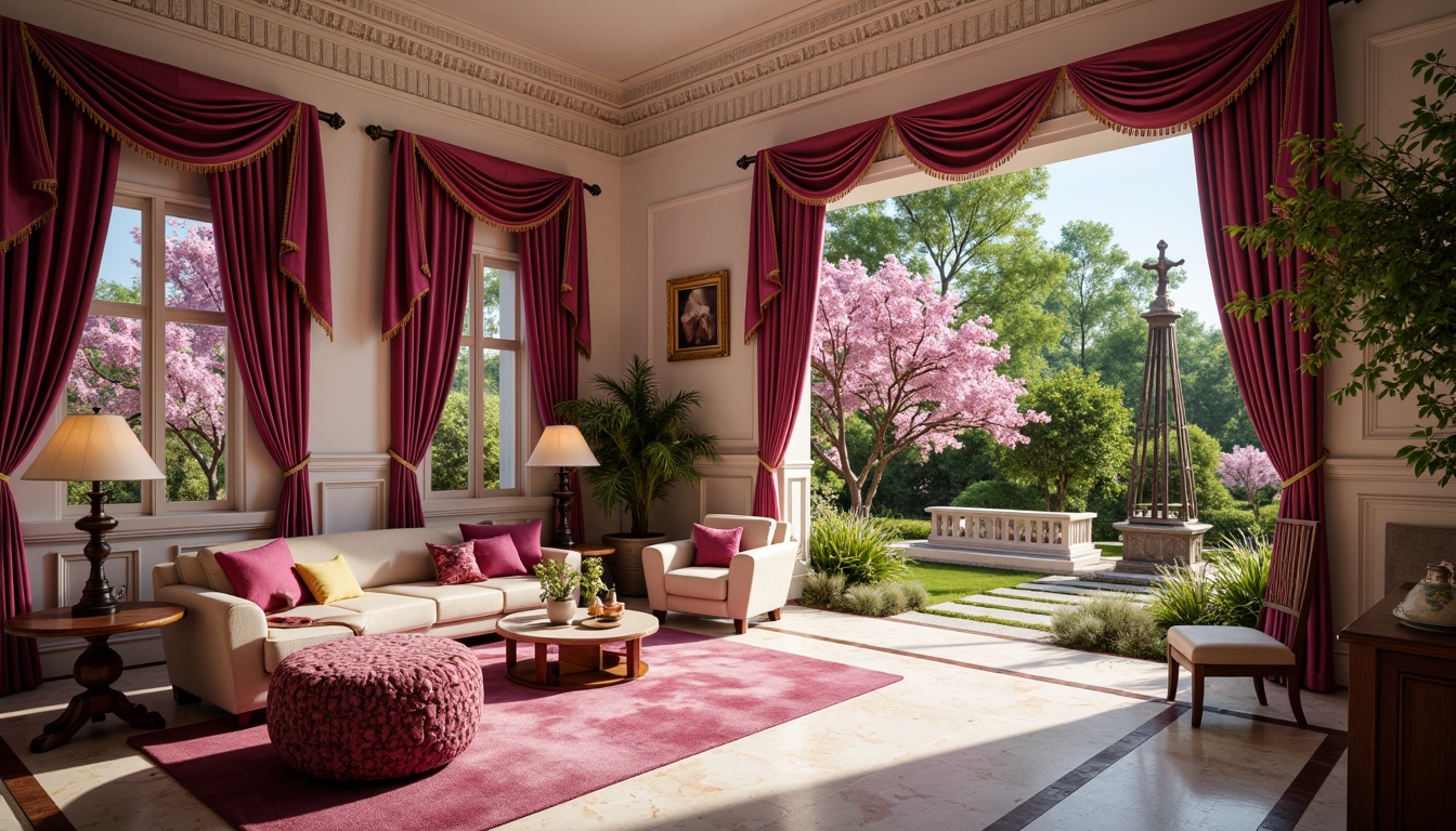 Prompt: Elegant orchid-hued mansion, lavish furnishings, ornate decorations, velvet drapes, marble floors, intricate molding, soft warm lighting, shallow depth of field, 1/1 composition, realistic textures, ambient occlusion; Luxuriant orchid blooms, delicate petals, lush greenery, whimsical garden ornaments, natural stone pathways, serene atmosphere, warm sunny day, gentle breeze, soft focus, panoramic view.