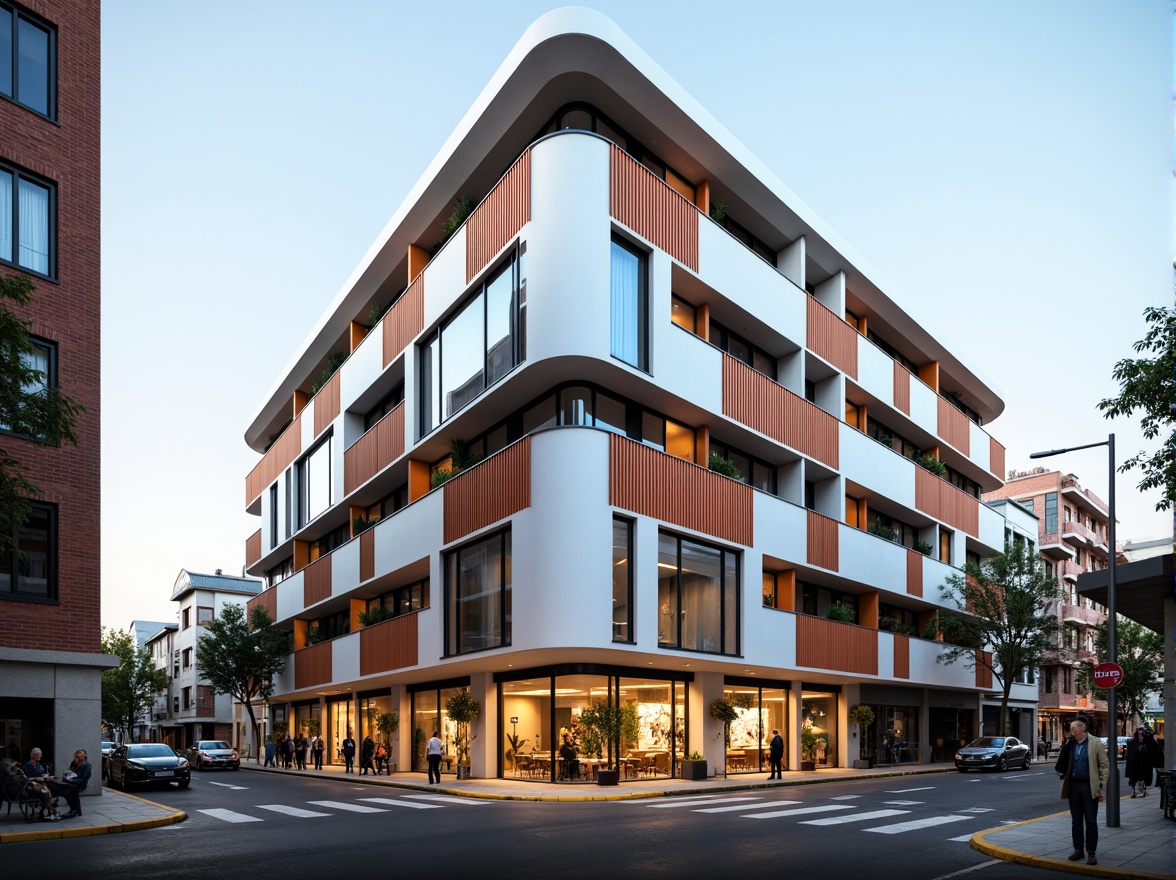 Prompt: Modern dormitory building, minimalist facade, clean lines, rectangular windows, industrial materials, metal cladding, glass balconies, bold color accents, geometric patterns, urban landscape, bustling streets, contemporary furniture, sleek decor, functional layout, natural lighting, airy atmosphere, 1/1 composition, shallow depth of field, soft warm glow, realistic textures, ambient occlusion.