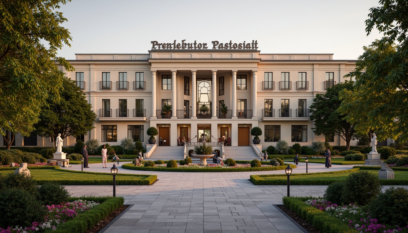 Prompt: Elegant distribution center, symmetrical facade, ornate columns, grand entrance, manicured lawns, trimmed hedges, vibrant flowerbeds, walking paths, classical statues, ornamental fountains, natural stone pavements, rustic benches, lantern-style lighting, warm golden lighting, shallow depth of field, 1/1 composition, axial symmetry, realistic textures, ambient occlusion.