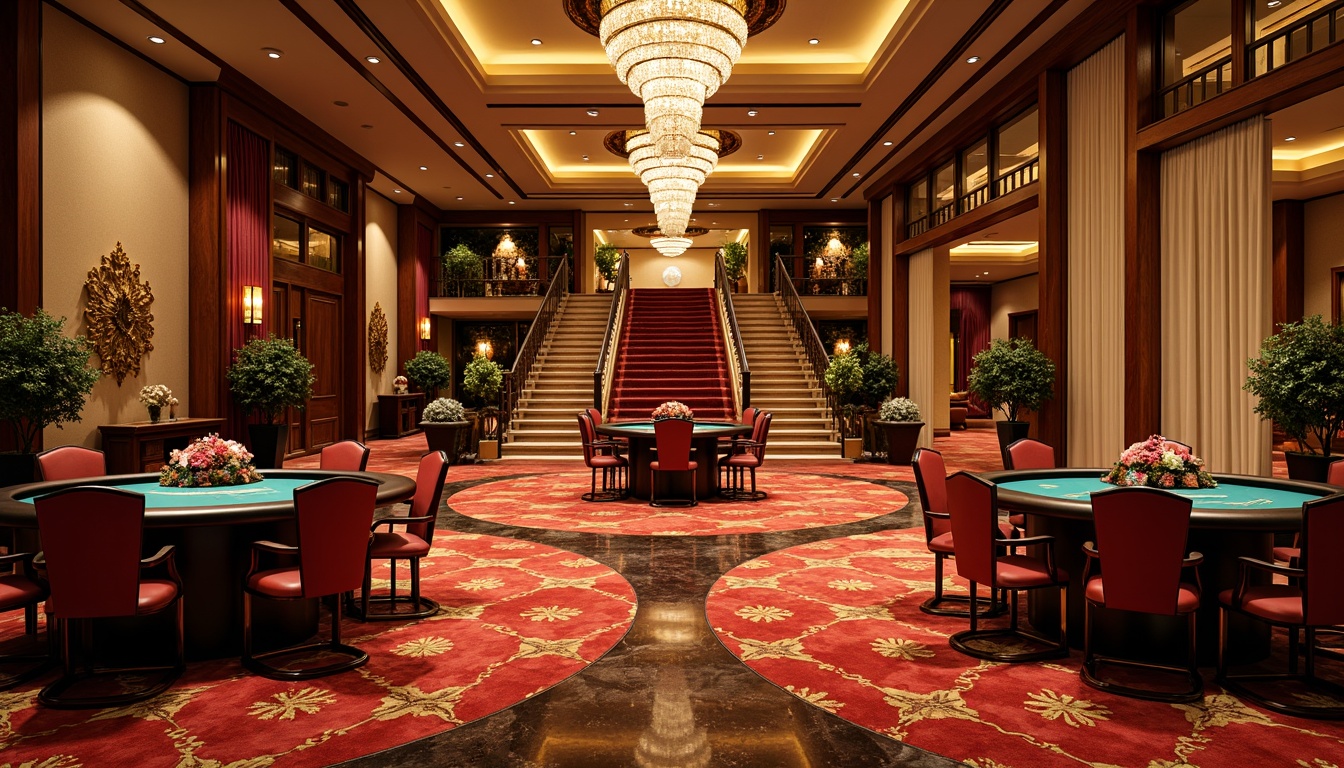 Prompt: Rich mahogany wood accents, lavish golden lighting, deep crimson carpets, sophisticated neutral tones, ornate bronze fixtures, elegant crystal chandeliers, vibrant turquoise gaming tables, bold red poker chips, luxurious velvet drapes, opulent marble floors, majestic high ceilings, grandiose staircases, extravagant fountain features, warm ambient illumination, 1/2 composition, dramatic low-angle shots, realistic reflective surfaces, subtle depth of field.