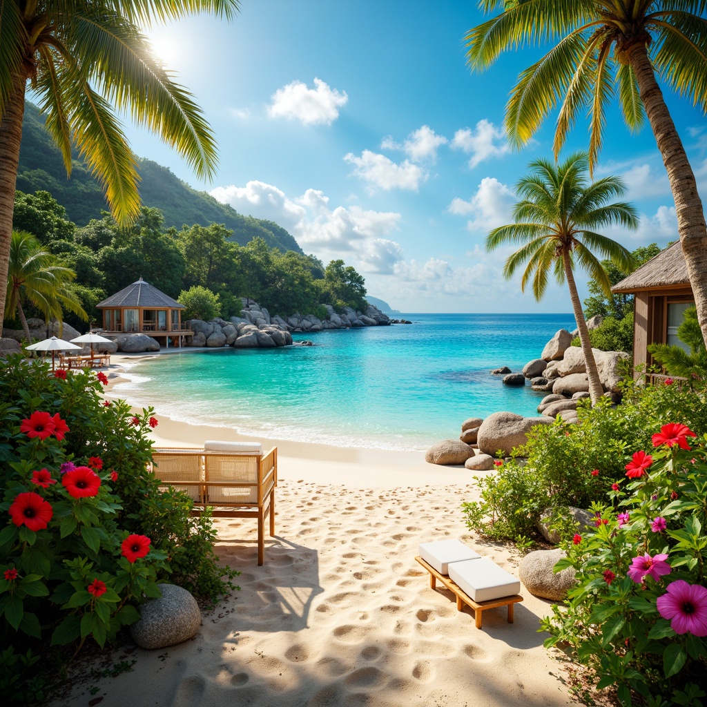 Prompt: Vibrant tropical island, turquoise ocean waves, coral reefs, swaying palm trees, warm sandy beaches, exotic floral patterns, bright colorful hibiscus flowers, sunny clear sky, radiant golden lighting, soft misty atmosphere, pastel-colored beach huts, natural woven textiles, rustic driftwood accents, creamy sea shell tones, 1/1 composition, symmetrical framing, warm shallow depth of field, realistic textures.