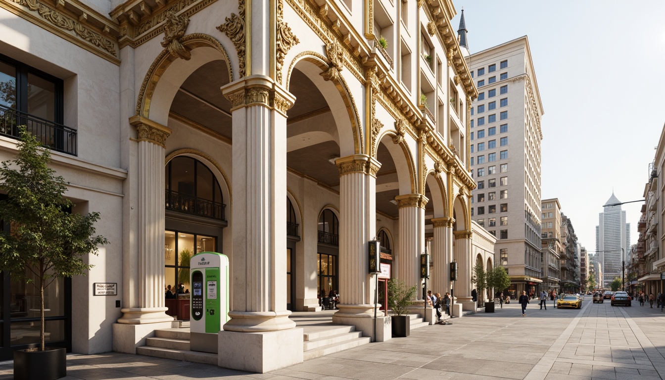 Prompt: Ornate charging station, neoclassical facade, grandiose columns, intricate carvings, ornamental details, symmetrical composition, creamy white marble, rich golden accents, elegant arches, sophisticated lanterns, pedestrian-friendly walkways, urban cityscape, sunny afternoon, soft warm lighting, shallow depth of field, 1/1 composition, realistic textures, ambient occlusion.