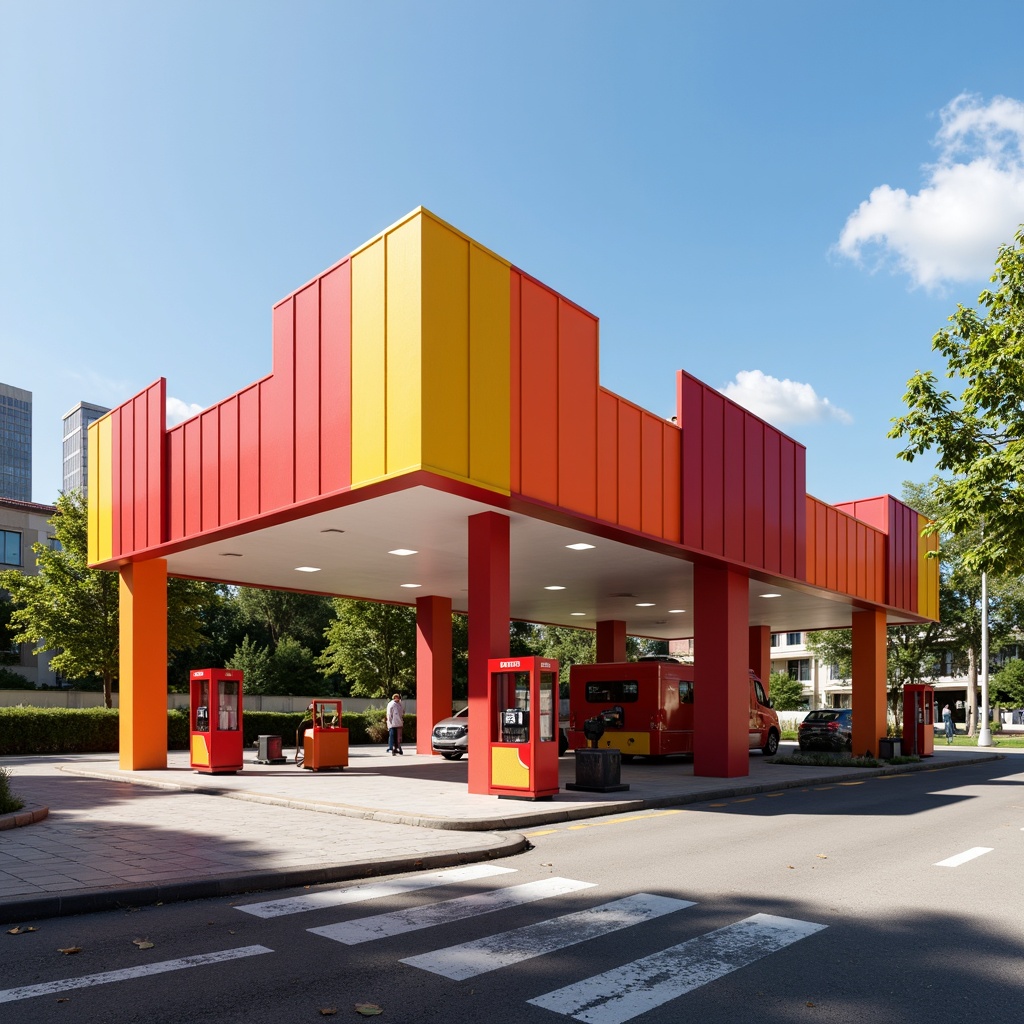 Prompt: Vibrant gas station, bold primary colors, geometric shapes, industrial materials, metallic accents, functional design, minimalist aesthetic, rectangular forms, clean lines, sans-serif typography, urban landscape, modern architecture, daytime lighting, shallow depth of field, 1/1 composition, realistic textures, ambient occlusion.