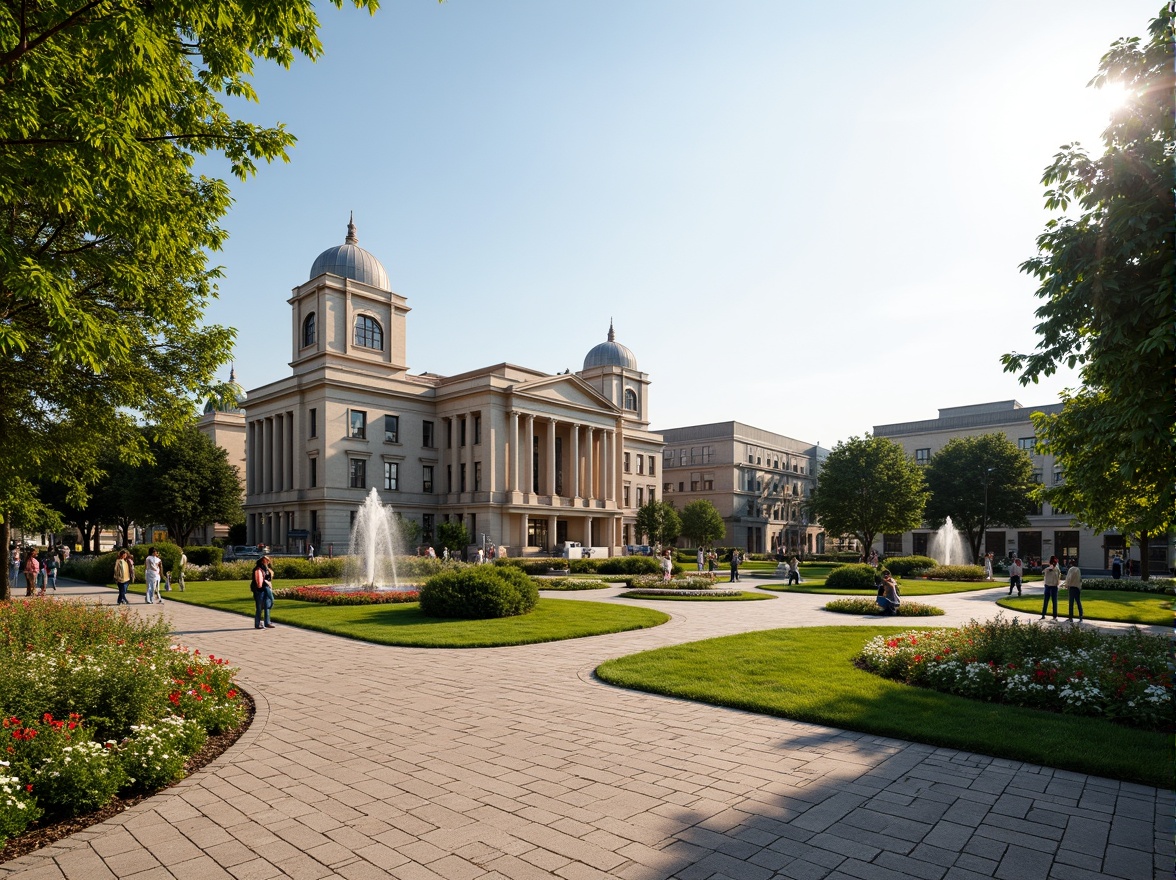 Prompt: Manicured lawns, ornamental trees, vibrant flower beds, meandering walkways, historic lamp posts, granite paved plazas, symmetrical fountain features, majestic courthouse building, neoclassical architecture, columned facades, stately clock towers, sunny afternoon, soft warm lighting, shallow depth of field, 3/4 composition, panoramic view, realistic textures, ambient occlusion.