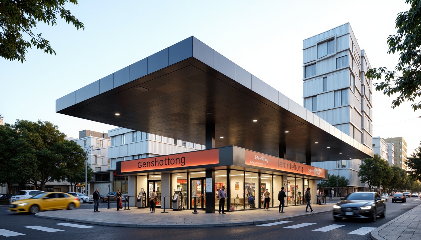 Prompt: Geometric gas station, clean lines, minimalist aesthetic, rectangular forms, flat roofs, large windows, industrial materials, steel frames, glass facades, bold typography, primary color schemes, functional design, modernist architecture, urban landscape, city streets, busy roads, morning light, high contrast, sharp shadows, 1/2 composition, symmetrical framing, detailed textures, ambient occlusion.