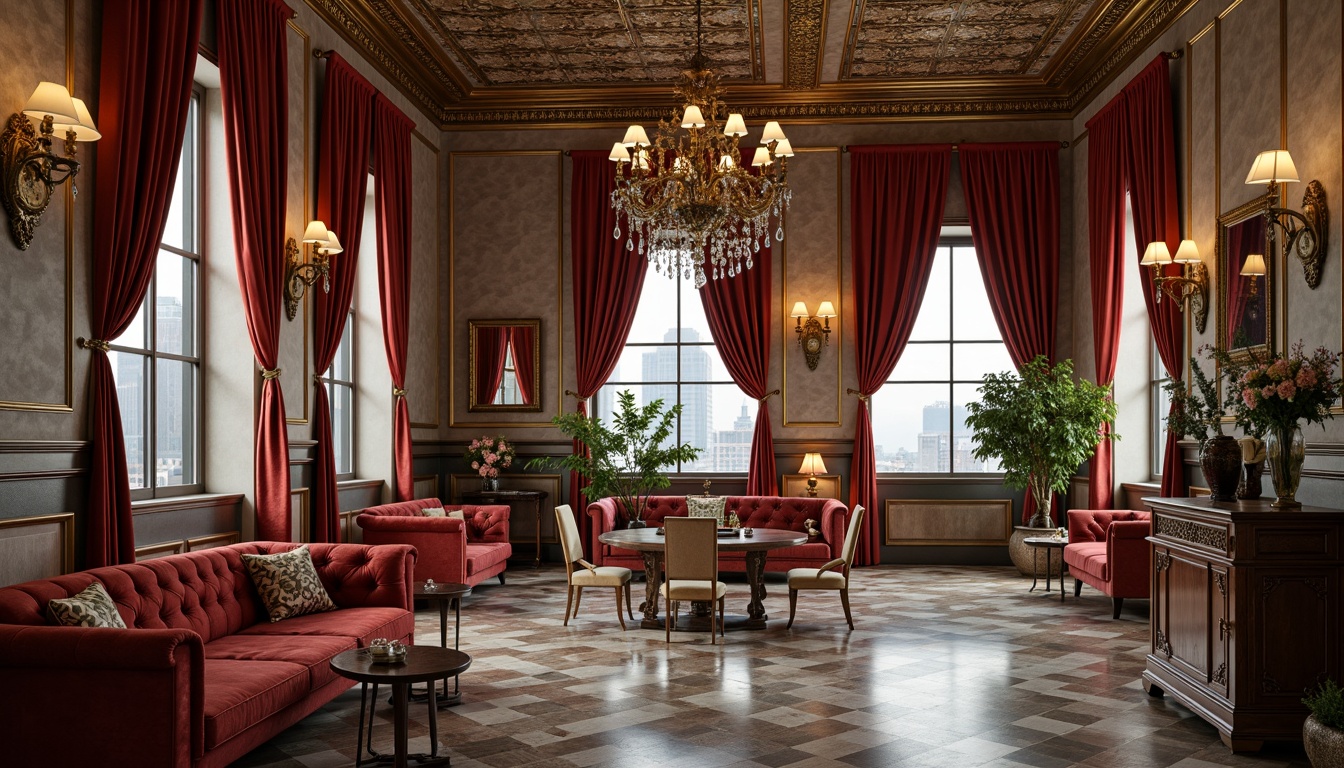 Prompt: Luxurious penthouse interior, Romanesque architecture, ornate stone carvings, rich velvet fabrics, polished marble floors, intricate wooden paneling, gilded metal accents, lavish crystal chandeliers, opulent furnishings, soft warm lighting, shallow depth of field, 1/1 composition, realistic textures, ambient occlusion.