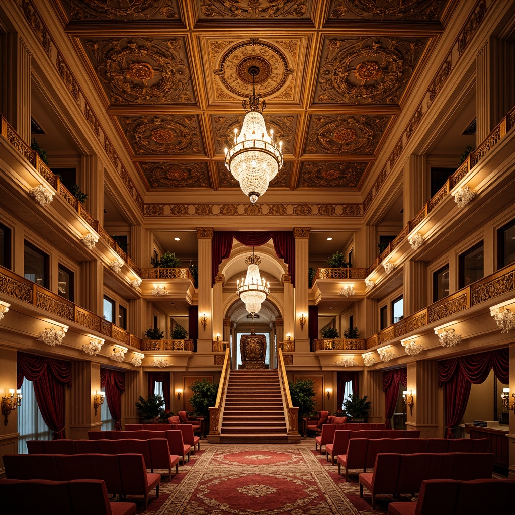 Prompt: Grand auditorium, opulent chandeliers, intricately carved wooden panels, ornate plaster ceilings, richly patterned rugs, velvet drapes, gilded accents, Baroque-inspired furnishings, intricate moldings, luxurious upholstery, grandiose staircases, sweeping balconies, dramatic archways, warm golden lighting, soft focus, shallow depth of field, 2/3 composition, symmetrical framing, highly detailed textures, ambient occlusion.