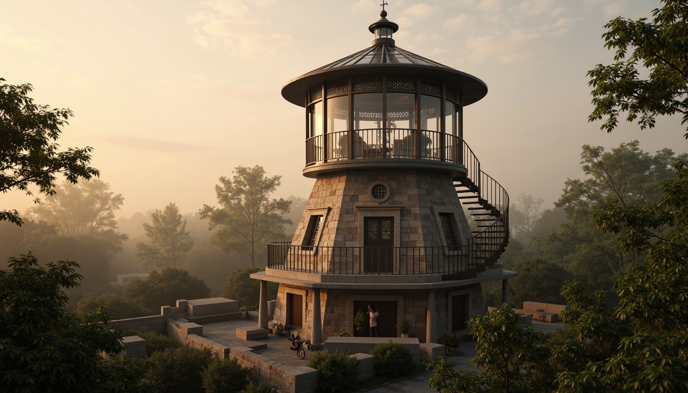 Prompt: Elegant watchtower, slender cylindrical shape, metallic latticework, spiral staircase, lantern-inspired roof, warm golden lighting, rustic stone foundation, overgrown vines, misty morning atmosphere, soft focus blur, shallow depth of field, 2/3 composition, symmetrical framing, cinematic mood, subtle color grading.