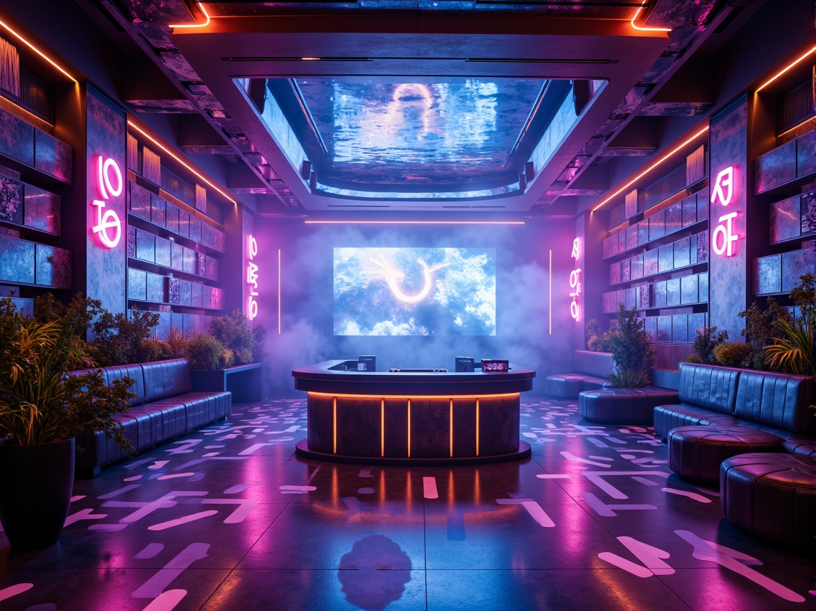 Prompt: Futuristic nightclub interior, neon-lit dance floor, strobe lights, pulsing LED walls, dark metallic accents, glossy reflective surfaces, holographic projections, fog machines, laser beams, UV lighting, futuristic DJ booth, sleek console design, cyberpunk-inspired decorations, iridescent color scheme, high-contrast ambiance, dramatic shadows, 1/1 composition, shallow depth of field, cinematic lighting effects, realistic glass reflections.